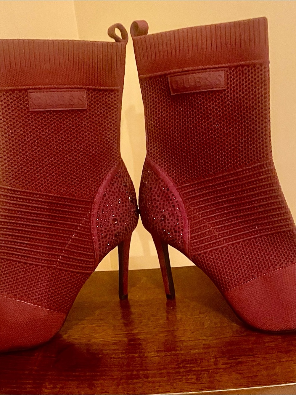Guess Burgundy Stretch-Knit Rhinestone Stiletto Ankle Boots